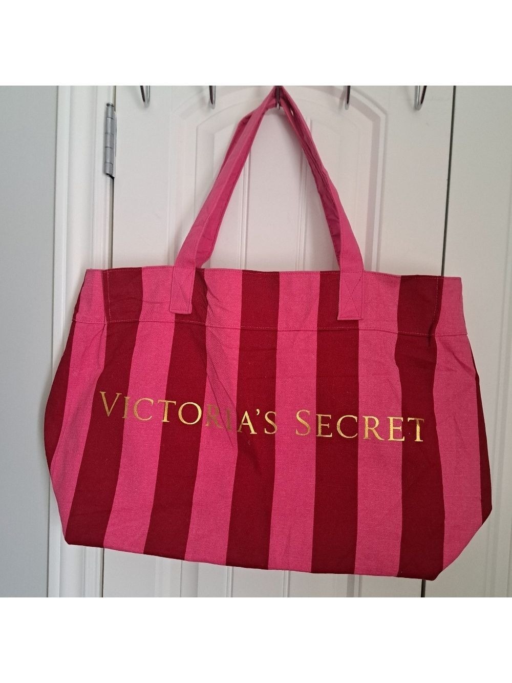 VICTORIA'S SECRET PINK RED bold striped canvas large tote carry all bag travel
